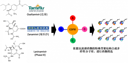 图2：以现有抗流感药物的结构为基础，进行多样性药物分子库的合成。